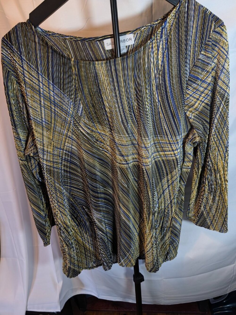 SAG HARBOR Blouse/Tunic Women's Size L Blue/Gold Multicolor 3/4 Sleeves